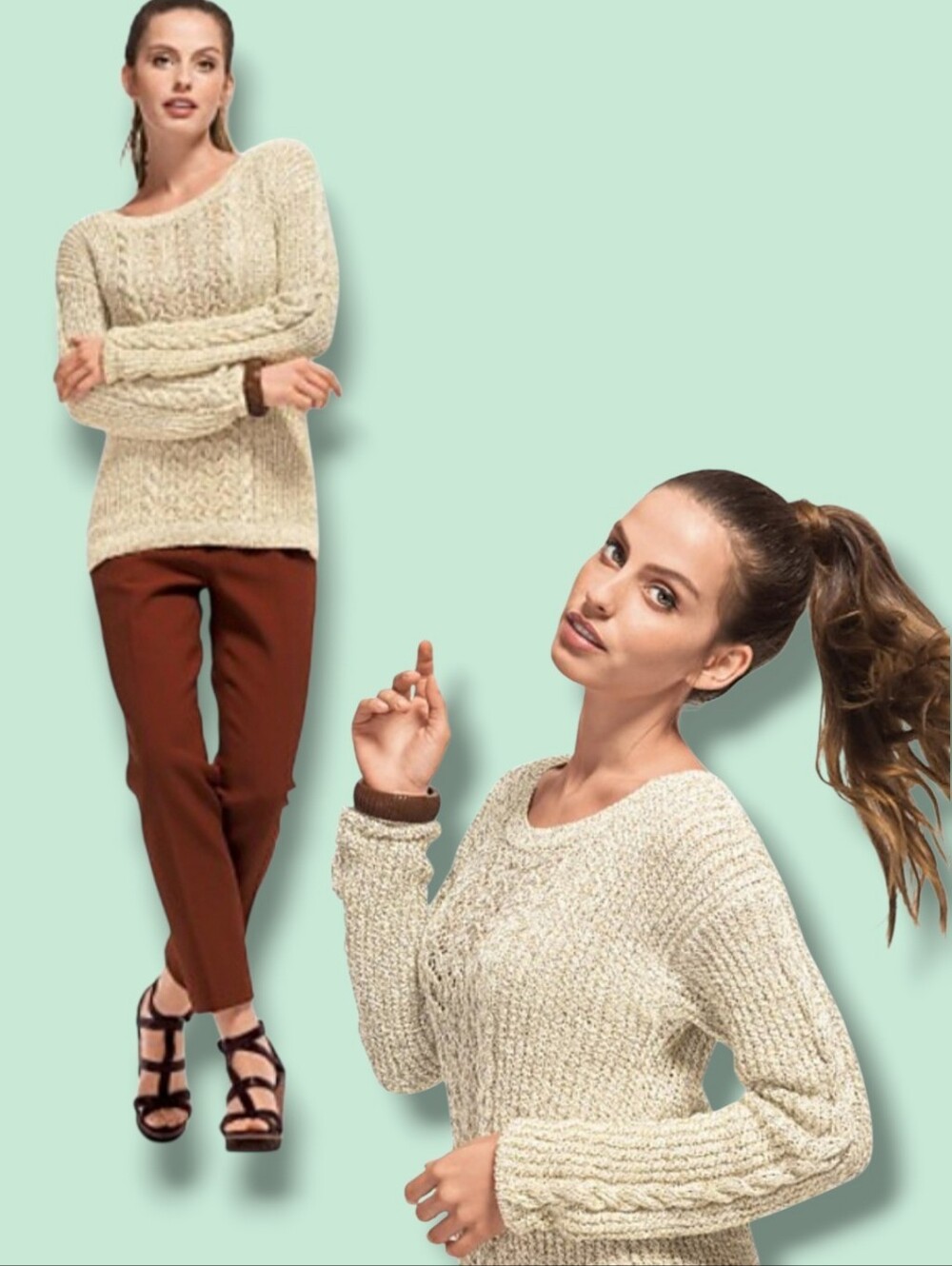 Massimo Dutti Women's Beige Marl Cable Knit Open Weave Sweater